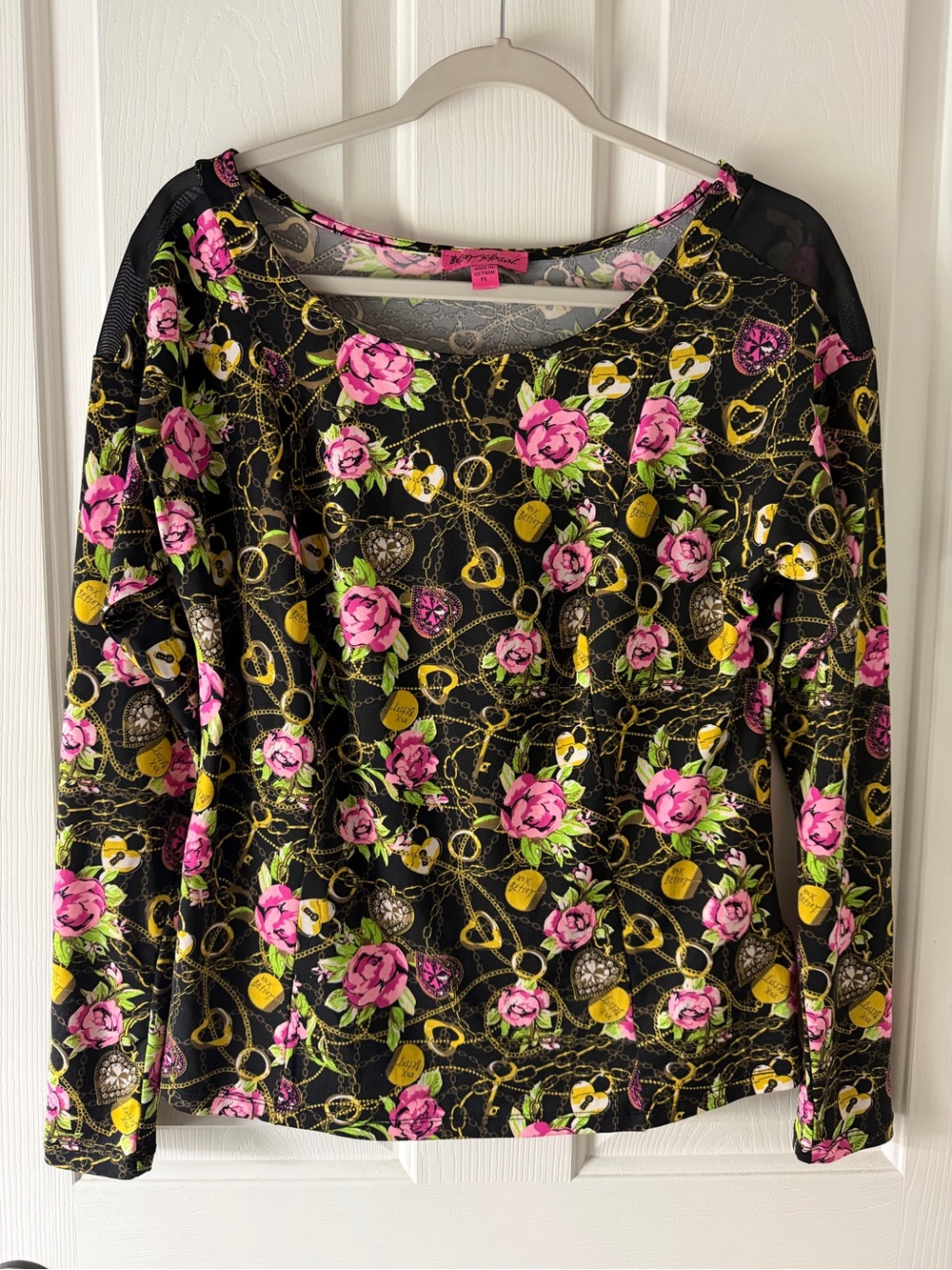 Betsey Johnson Black Floral & Gold Chain Print Long Sleeve Blouse